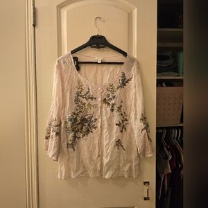 J.jill Womens Semi Sheer Blouse With Floral Embroidery Sz M Petite Pale Pink